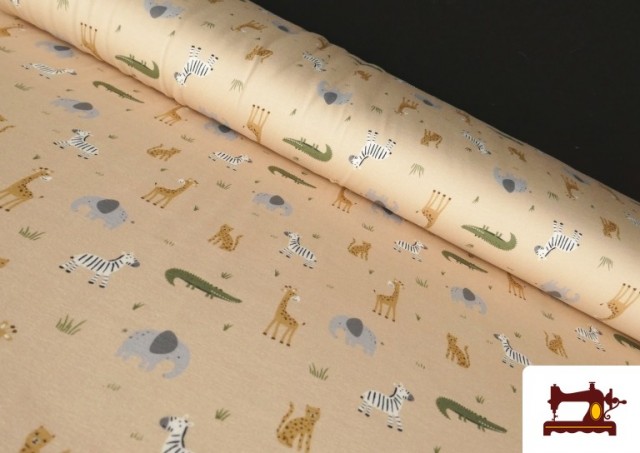 Tela de Punto de Camiseta Animales Fondo Beige