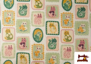 Tela de Algodón Dibujos Sellos de Gatos Divertidos Infantil