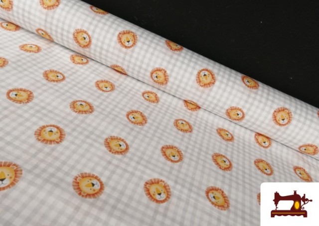 Tela de Algodón Vichy Gris Con Dibujos de Leones Infantil