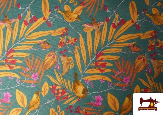Comprar Tela de Loneta Tropical Pájaros 280 cm color Verde Petróleo