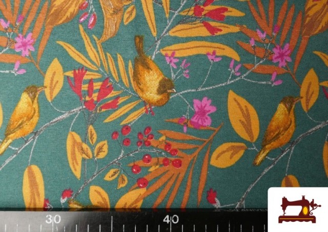 Venta de Tela de Loneta Tropical Pájaros 280 cm color Verde Petróleo