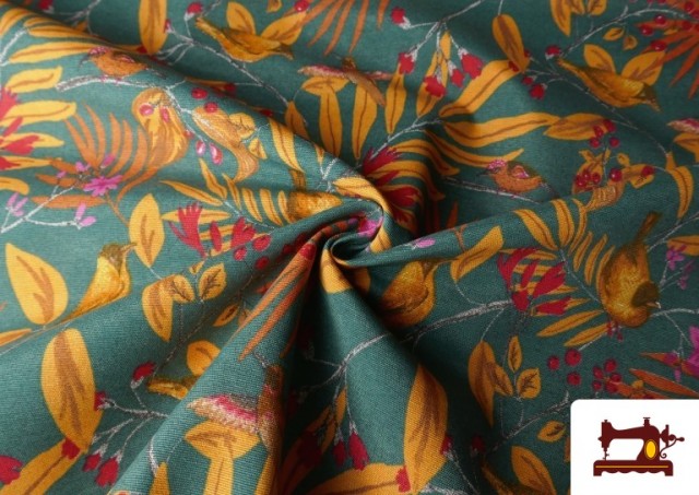 Comprar Tela de Loneta Tropical Pájaros 280 cm color Verde Petróleo