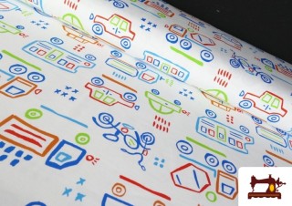 Tela de Punto de Camiseta Estampado de Vehiculos de Colores