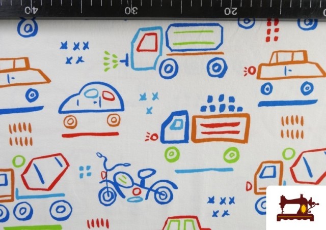 Comprar online Tela de Punto de Camiseta Estampado de Vehiculos de Colores