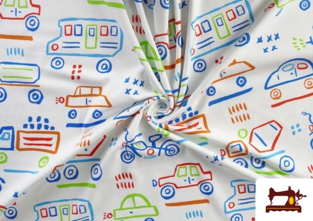 Venta online de Tela de Punto de Camiseta Estampado de Vehiculos de Colores