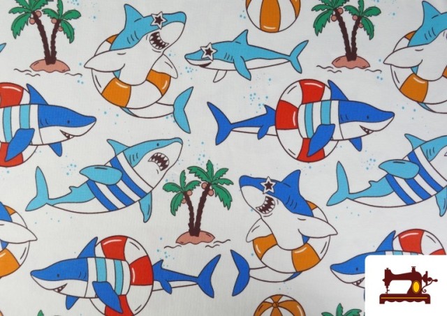 Comprar Tela de Punto de Camiseta Tiburones Divertidos Playa