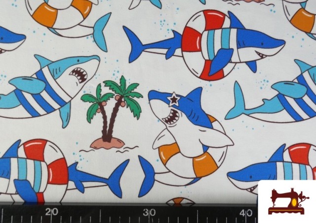 Comprar online Tela de Punto de Camiseta Tiburones Divertidos Playa