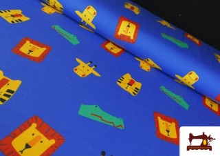 Tela de Punto de Camiseta Azul Eléctrico con Animales de Colores