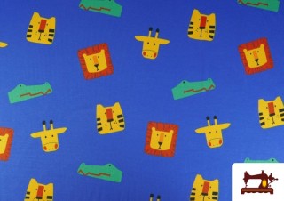 Comprar Tela de Punto de Camiseta Azul Eléctrico con Animales de Colores