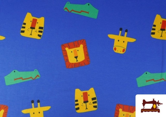 Venta de Tela de Punto de Camiseta Azul Eléctrico con Animales de Colores