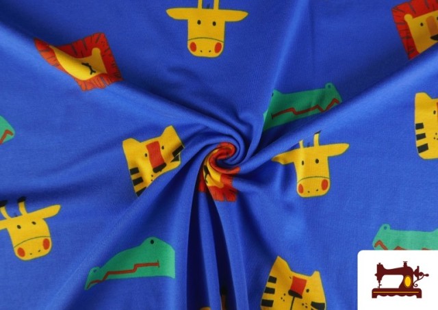 Venta online de Tela de Punto de Camiseta Azul Eléctrico con Animales de Colores