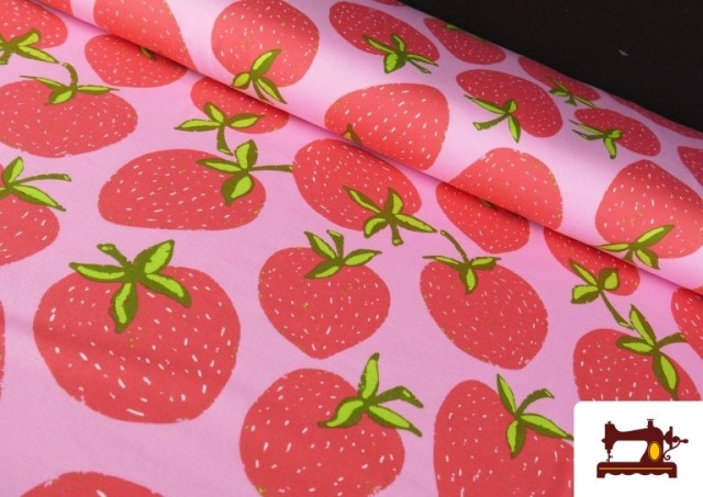 Tela de Punto de Camiseta Estampado Fresas Grandes