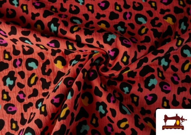 Comprar online Tela de Muselina de Algodón Leopardo Turquesa y Naranja color Naranja