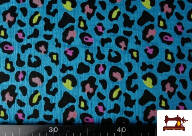 Tela de Muselina de Algodón Leopardo Turquesa y Naranja color Azul