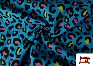 Comprar Tela de Muselina de Algodón Leopardo Turquesa y Naranja color Azul