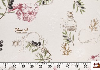 Tela Loneta Estampada con Motivos de Hojas de Olivo y Aceite Tela Loneta Estampada con Motivos de Hojas de Olivo y Aceite