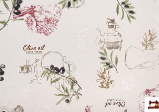 Comprar Tela Loneta Estampada con Motivos de Hojas de Olivo y Aceite Comprar Tela Loneta Estampada con Motivos de Hojas de Olivo y Aceite